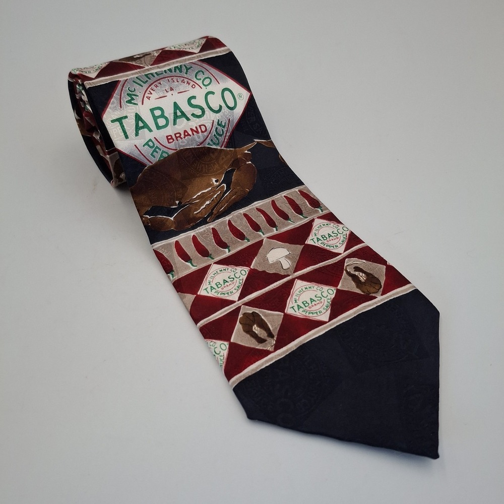 Vintage TABASCO Silk‎ Tie Hot Sauce Crawfish Shrimp Seafood Chili Pepper Novelty
